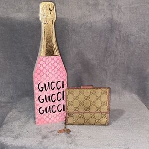 💕GUCCI💕Tan/Pink GG Canvas and Leather French Flap Wallet with COA/GUC